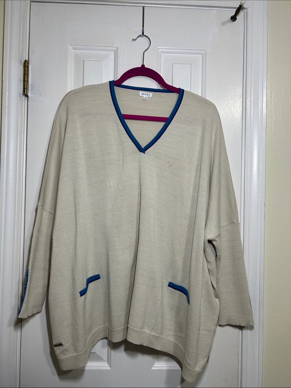 Mersea Catalina Beige/Ecru V-Neck Sweater with Blue Trim, OS